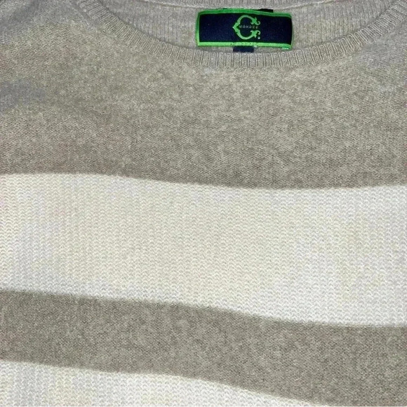 C Wonder 100% Cashmere striped cream and tan scoop neck pullover sweater - Picture 3 of 11